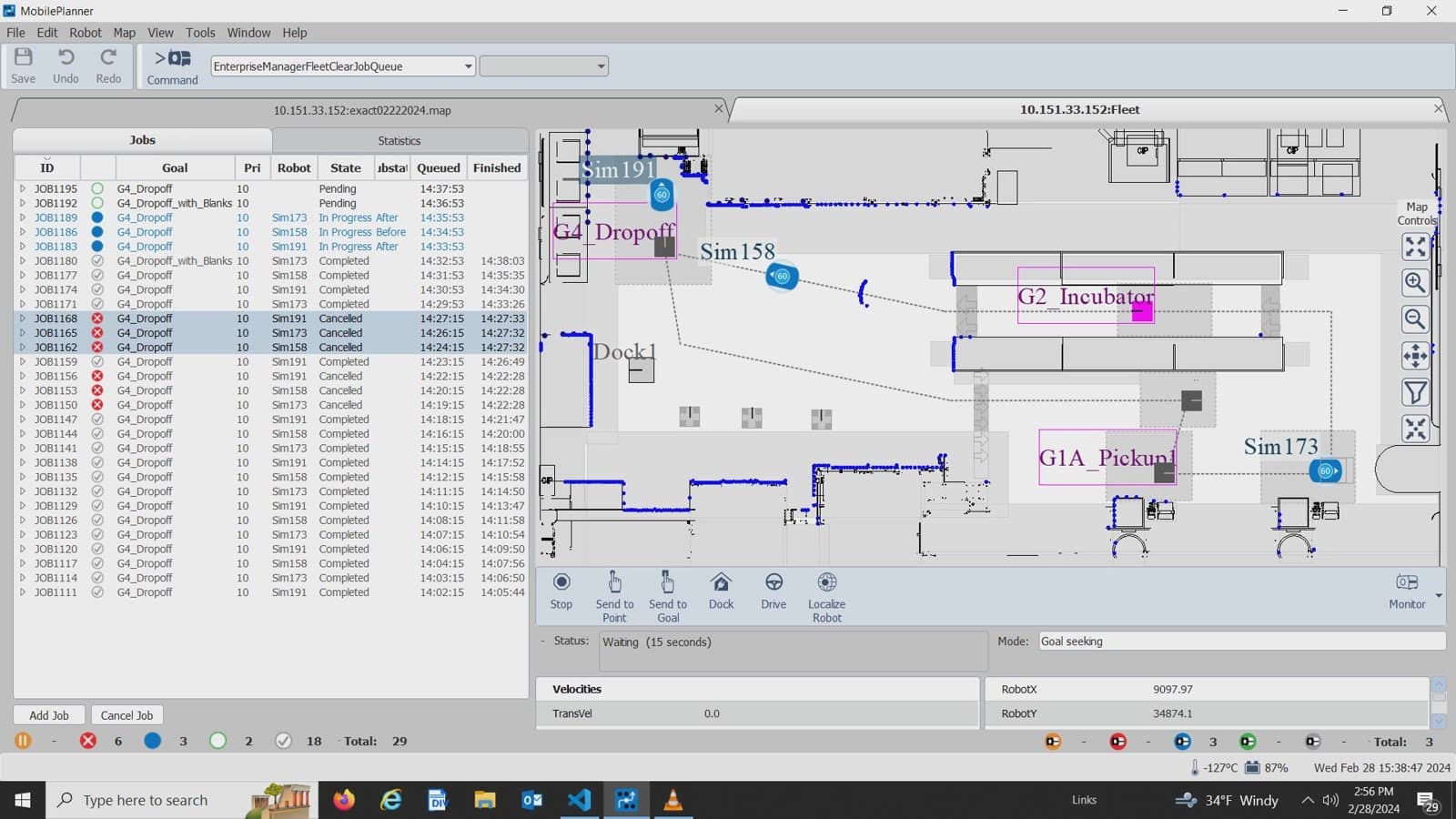 Fleet manager screen showing live AMR job queue and lab paths